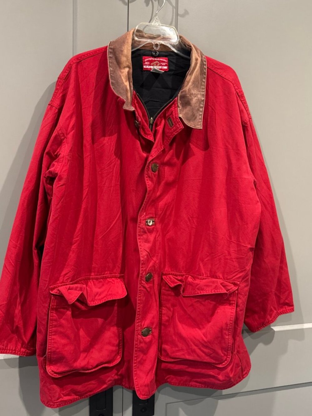 Vintage Marlboro Country Store Barn Chore Jacket Leather Collar Men's Large Red